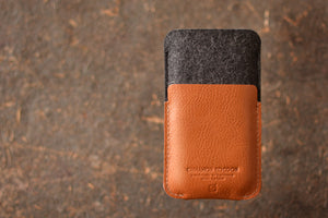 IPHONE WALLET, grey wool felt + TAN leather